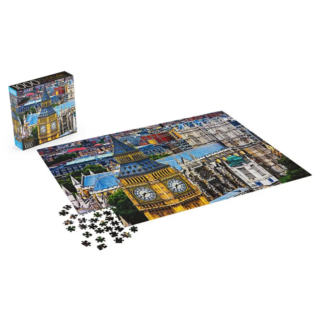 Partially completed Cardinal 1000-piece jigsaw puzzle by Chris Lord, showing detailed London cityscape with Big Ben clock tower, Gothic architecture, and vivid colorful skyline.