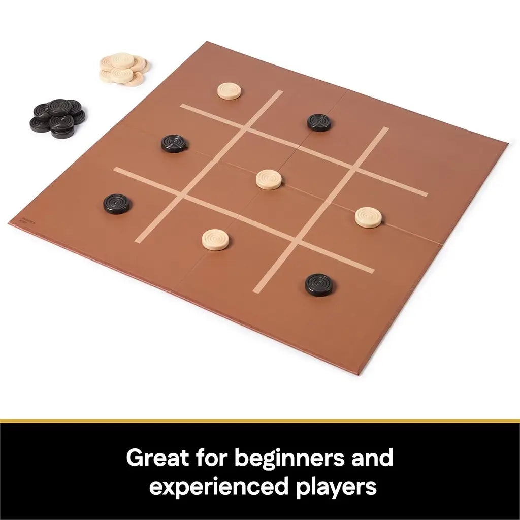 Brown wooden Tic-Tac-Toe board setup using light and dark checker pieces, captioned as great for beginners and experienced players, demonstrating versatile game options.