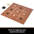 Brown wooden Tic-Tac-Toe board setup using light and dark checker pieces, captioned as great for beginners and experienced players, demonstrating versatile game options.