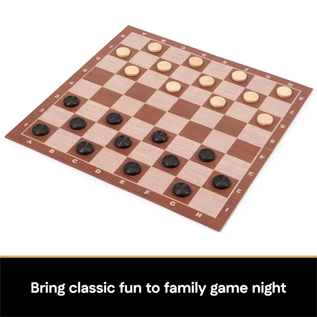 Brown-and-cream checkered board arranged for a game of checkers with round wooden discs in black and beige, captioned to highlight its appeal for fun family game nights.