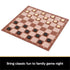 Brown-and-cream checkered board arranged for a game of checkers with round wooden discs in black and beige, captioned to highlight its appeal for fun family game nights.