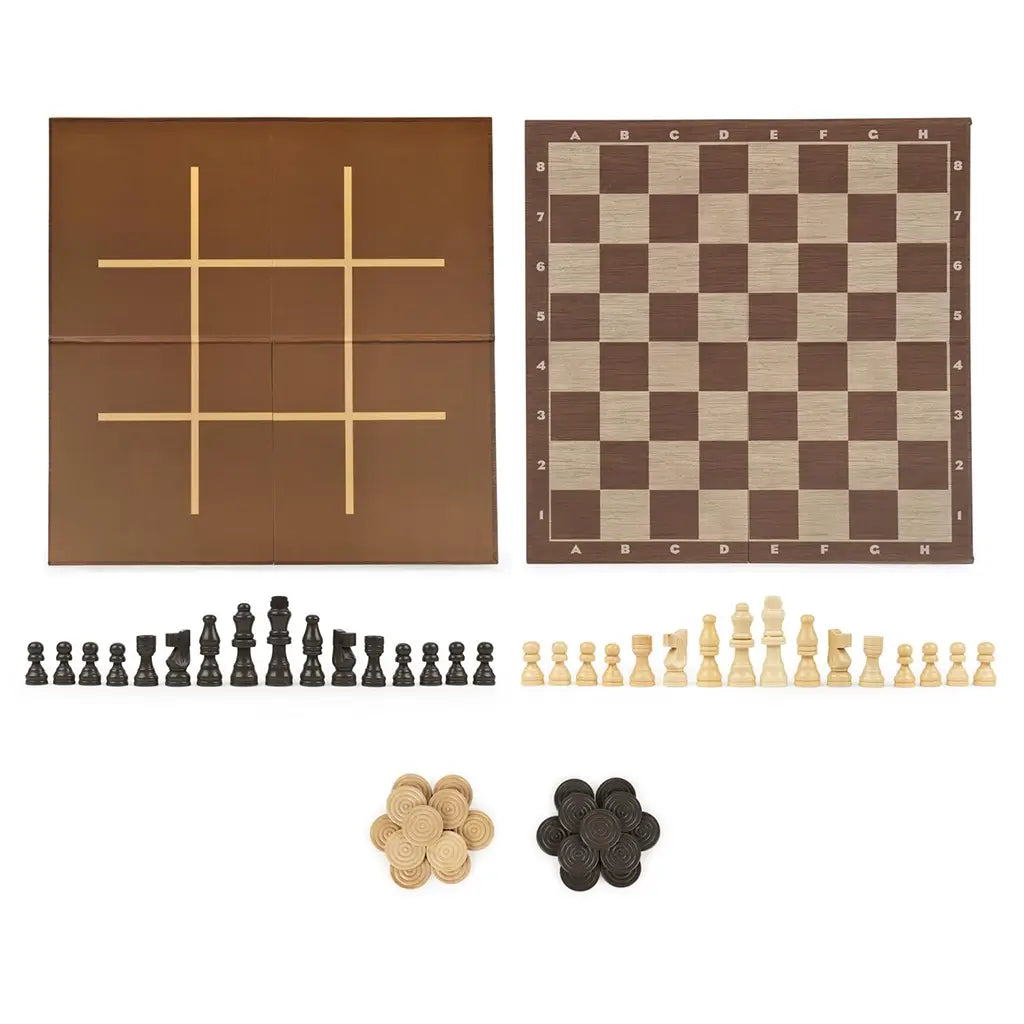 Complete Cardinal Classics three-in-one game set with chessboard, tic-tac-toe grid, and wooden playing pieces for chess and checkers, neatly laid out for easy organization and play.