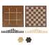 Complete Cardinal Classics three-in-one game set with chessboard, tic-tac-toe grid, and wooden playing pieces for chess and checkers, neatly laid out for easy organization and play.