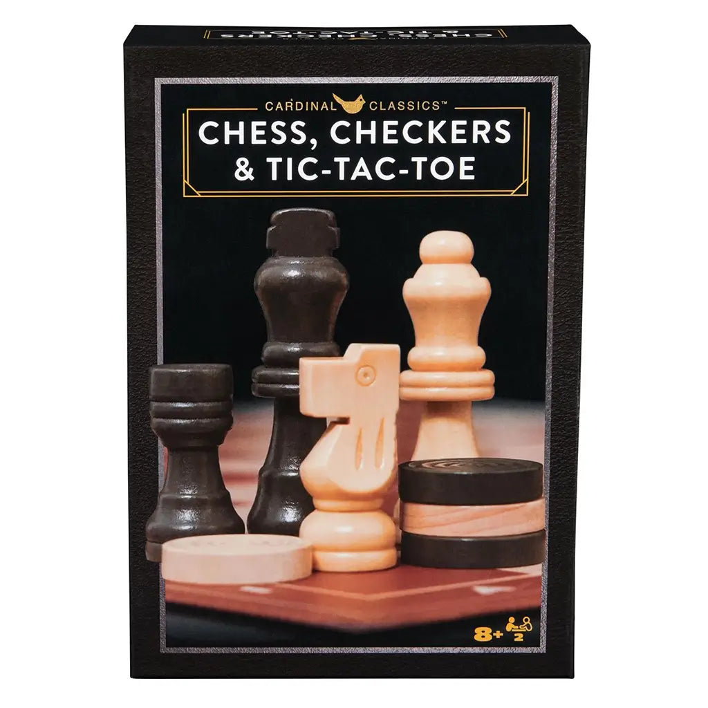 Front view of the Cardinal Classics Chess, Checkers & Tic-Tac-Toe box showing detailed wooden chess and checker pieces in natural and dark brown tones on a polished game board.