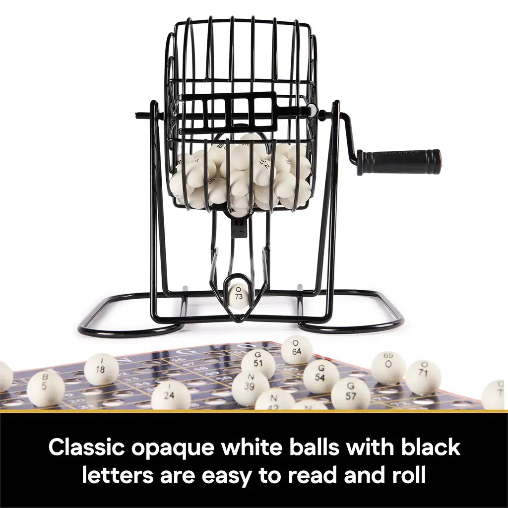 Front view of the Deluxe Metal Bingo Cage filled with white bingo balls marked with black letters and numbers, designed for easy readability and smooth rolling action.