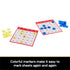Two red-bordered bingo cards with transparent yellow and blue chips marking numbers, demonstrating easy-to-use reusable markers for repeated gameplay sessions.