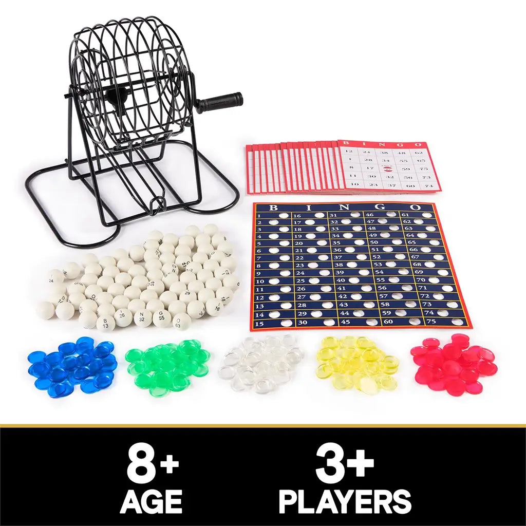 Complete Cardinal Classics Deluxe Metal Bingo set including the black cage, white bingo balls, red and blue scorecards, and assorted transparent colored chips for multiplayer fun.
