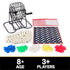 Complete Cardinal Classics Deluxe Metal Bingo set including the black cage, white bingo balls, red and blue scorecards, and assorted transparent colored chips for multiplayer fun.
