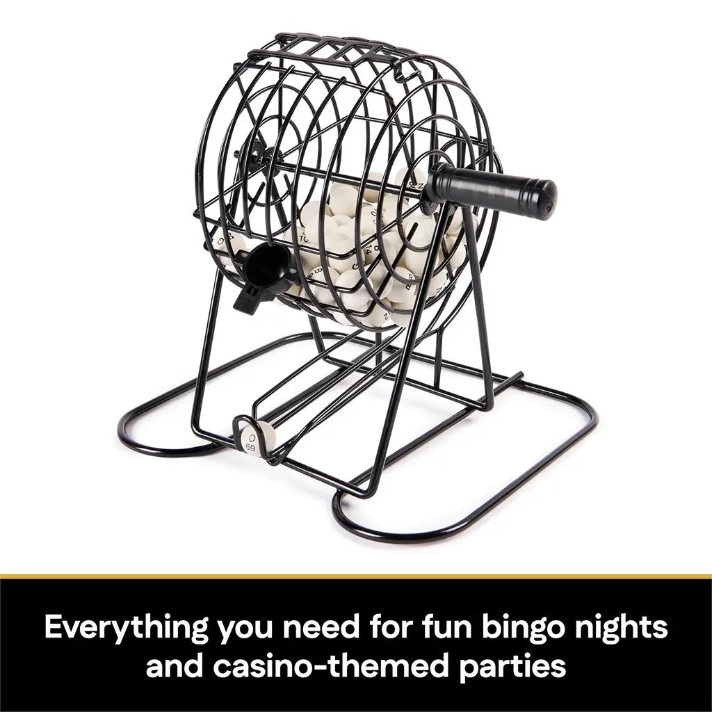 Close-up of the deluxe black metal bingo cage with crank handle and numbered balls inside, captioned as ideal for bingo nights and casino-style gatherings.