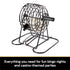 Close-up of the deluxe black metal bingo cage with crank handle and numbered balls inside, captioned as ideal for bingo nights and casino-style gatherings.