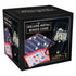 Angled view of the Cardinal Classics Deluxe Metal Bingo Cage box showing the rotating cage, numbered bingo balls, and multi-colored scorecards against a black background.