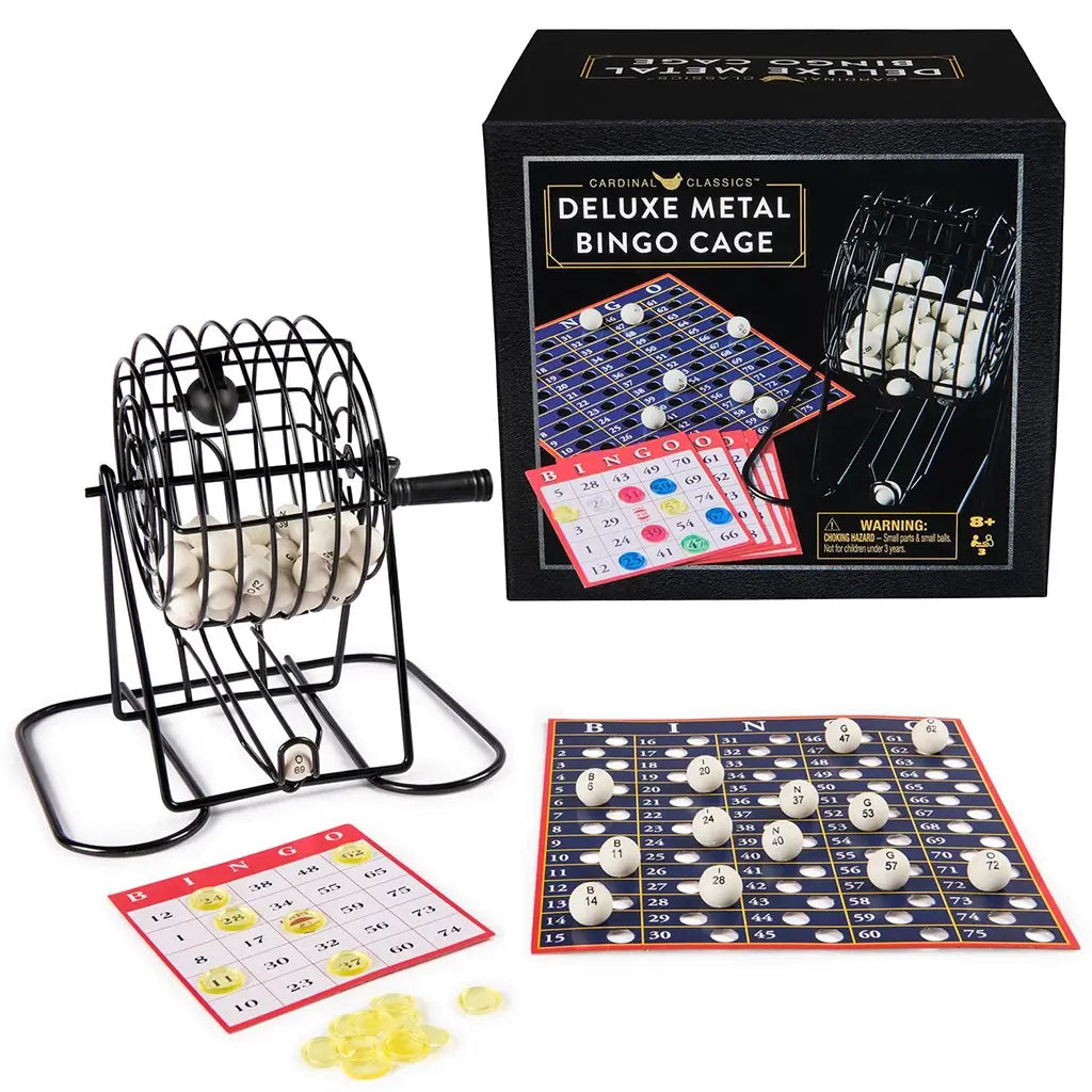 Cardinal Classics Deluxe Metal Bingo set featuring a sturdy black cage, bingo balls, colorful chips, and scorecards, displayed beside the black and gold packaging for ages eight and up.