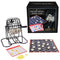 Cardinal Classics Deluxe Metal Bingo set featuring a sturdy black cage, bingo balls, colorful chips, and scorecards, displayed beside the black and gold packaging for ages eight and up.