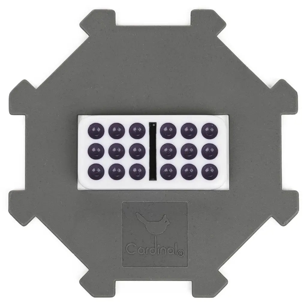 Top view of a Cardinal Classics Double-Nine Domino showing a white tile with two sets of nine dark purple dots, placed on a gray plastic hub base embossed with the Cardinal logo.
