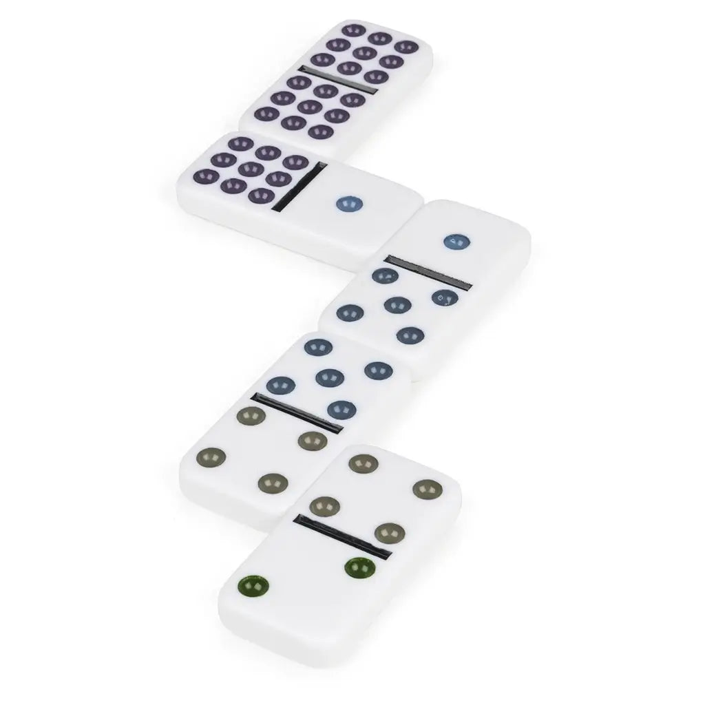 Several glossy white Double-Nine domino tiles arranged in play formation, each showing colored recessed dots and black divider lines, emphasizing the durable build and smooth texture.
