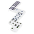 Several glossy white Double-Nine domino tiles arranged in play formation, each showing colored recessed dots and black divider lines, emphasizing the durable build and smooth texture.