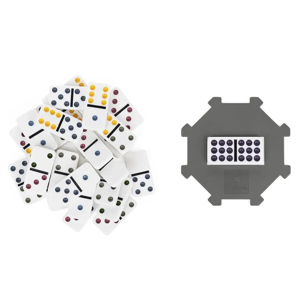 Set of white Cardinal Classics Double-Nine Dominoes with colored pips beside a gray hub base, showing complete components for multi-player tabletop gameplay and easy setup.