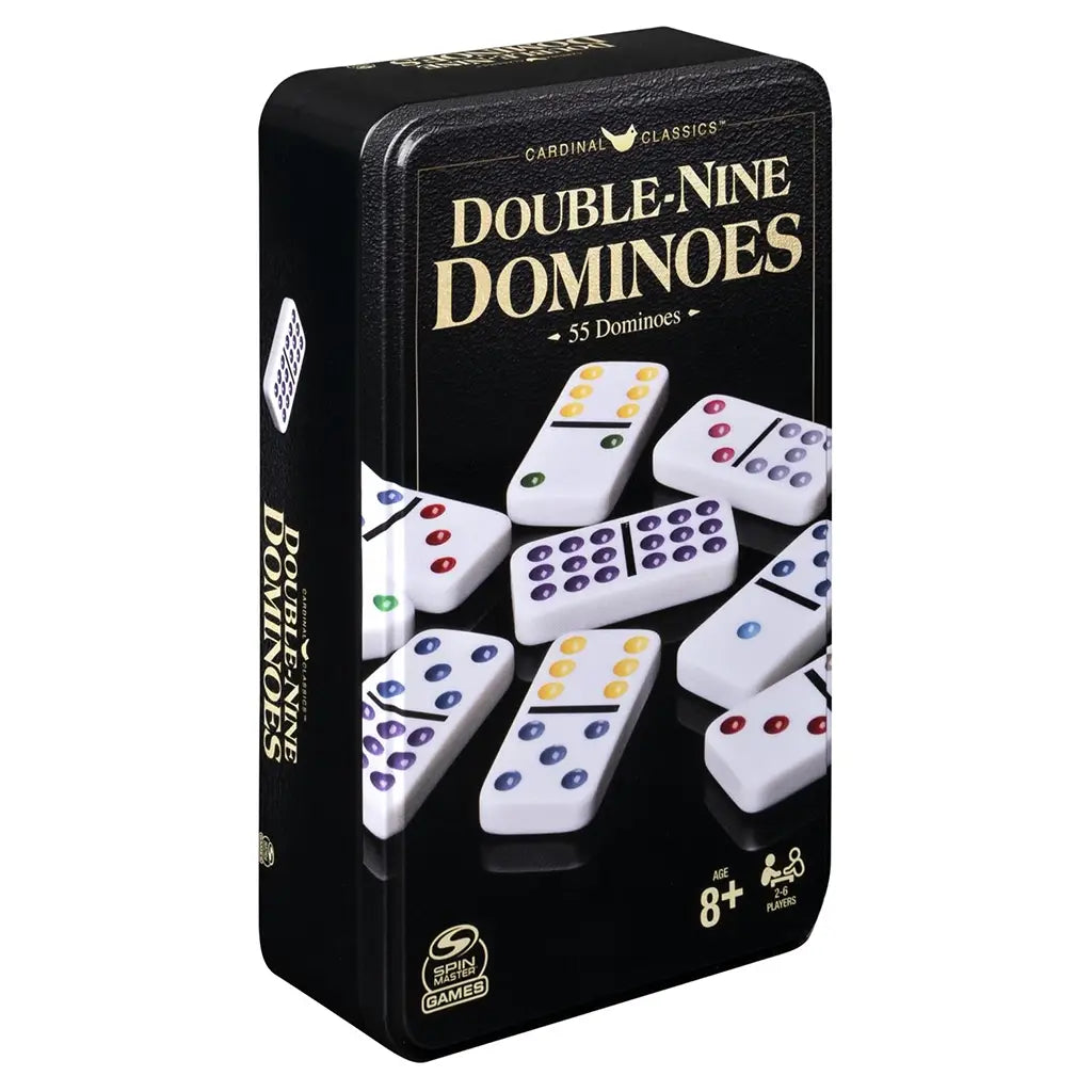 Front view of the Cardinal Classics Double-Nine Dominoes tin box with gold lettering on a black textured case, displaying colorful domino tiles on the cover and Spin Master branding.