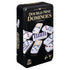 Front view of the Cardinal Classics Double-Nine Dominoes tin box with gold lettering on a black textured case, displaying colorful domino tiles on the cover and Spin Master branding.