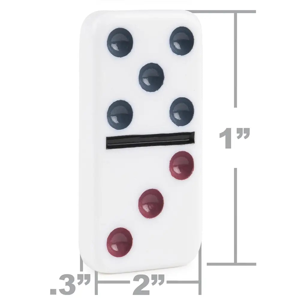 Close-up of a white domino tile featuring blue and red recessed dots, with labeled dimensions of 2 inches by 1 inch by 0.3 inches, illustrating the standard size of each piece.
