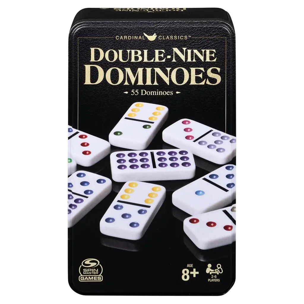 Cardinal Classics Double-Nine Dominoes tin packaging displaying colorful white tiles on a black reflective surface, designed for ages 8 and up and two to six players.