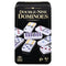Cardinal Classics Double-Nine Dominoes tin packaging displaying colorful white tiles on a black reflective surface, designed for ages 8 and up and two to six players.