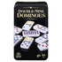 Cardinal Classics Double-Nine Dominoes tin packaging displaying colorful white tiles on a black reflective surface, designed for ages 8 and up and two to six players.