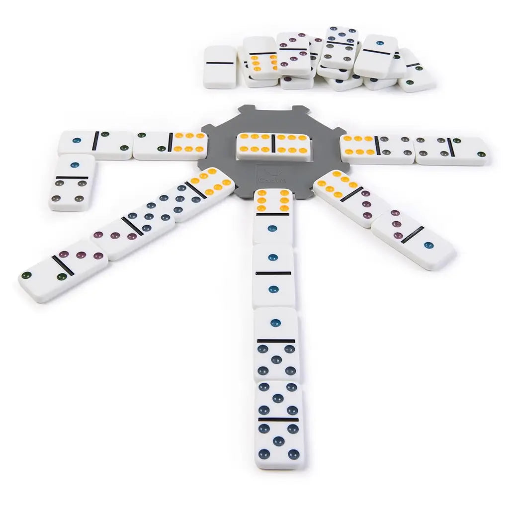 Full set of 28 Cardinal Classics Double-Six Dominoes laid out in a triangle formation, showing all color variations of dots and black dividing lines on clean white rectangular tiles.