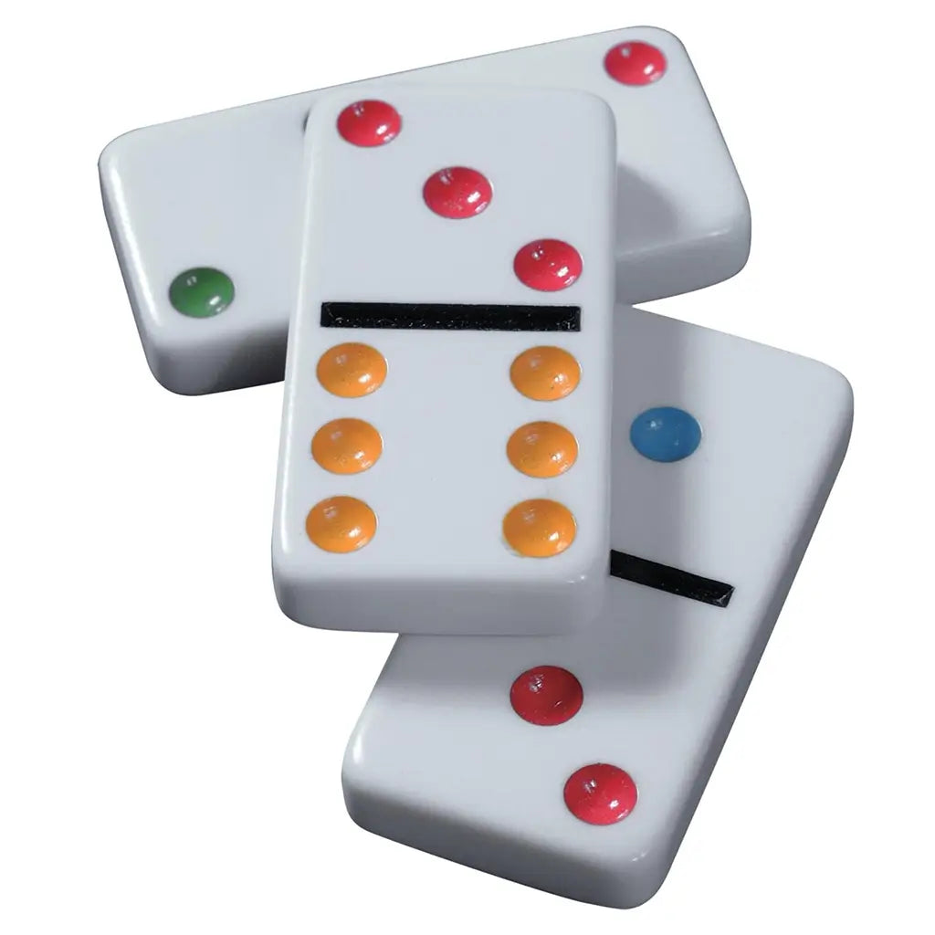 Three glossy white domino tiles stacked slightly askew, each with vivid colored dots—red, orange, green, and blue—showing the smooth surface and durable plastic texture of the pieces.