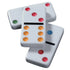 Three glossy white domino tiles stacked slightly askew, each with vivid colored dots—red, orange, green, and blue—showing the smooth surface and durable plastic texture of the pieces.