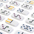 White glossy domino tiles with smooth finish arranged neatly in rows, featuring colored recessed dots in yellow, green, blue, and purple for easy number recognition and vibrant gameplay.