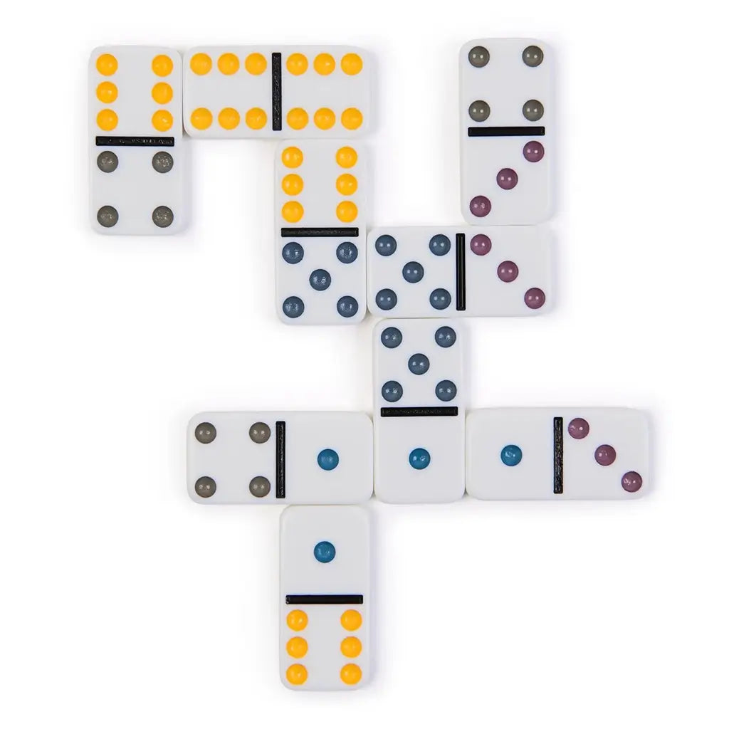 Top view of white plastic domino tiles forming a cross pattern, each featuring colorful raised dots and a black divider line, arranged neatly against a plain white background.