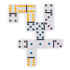 Top view of white plastic domino tiles forming a cross pattern, each featuring colorful raised dots and a black divider line, arranged neatly against a plain white background.