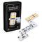 Cardinal Classics Double-Six Dominoes set featuring white rectangular tiles with colorful recessed dots, displayed beside a black tin case, ideal for family tabletop games and classic play.