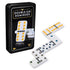 Cardinal Classics Double-Six Dominoes set featuring white rectangular tiles with colorful recessed dots, displayed beside a black tin case, ideal for family tabletop games and classic play.