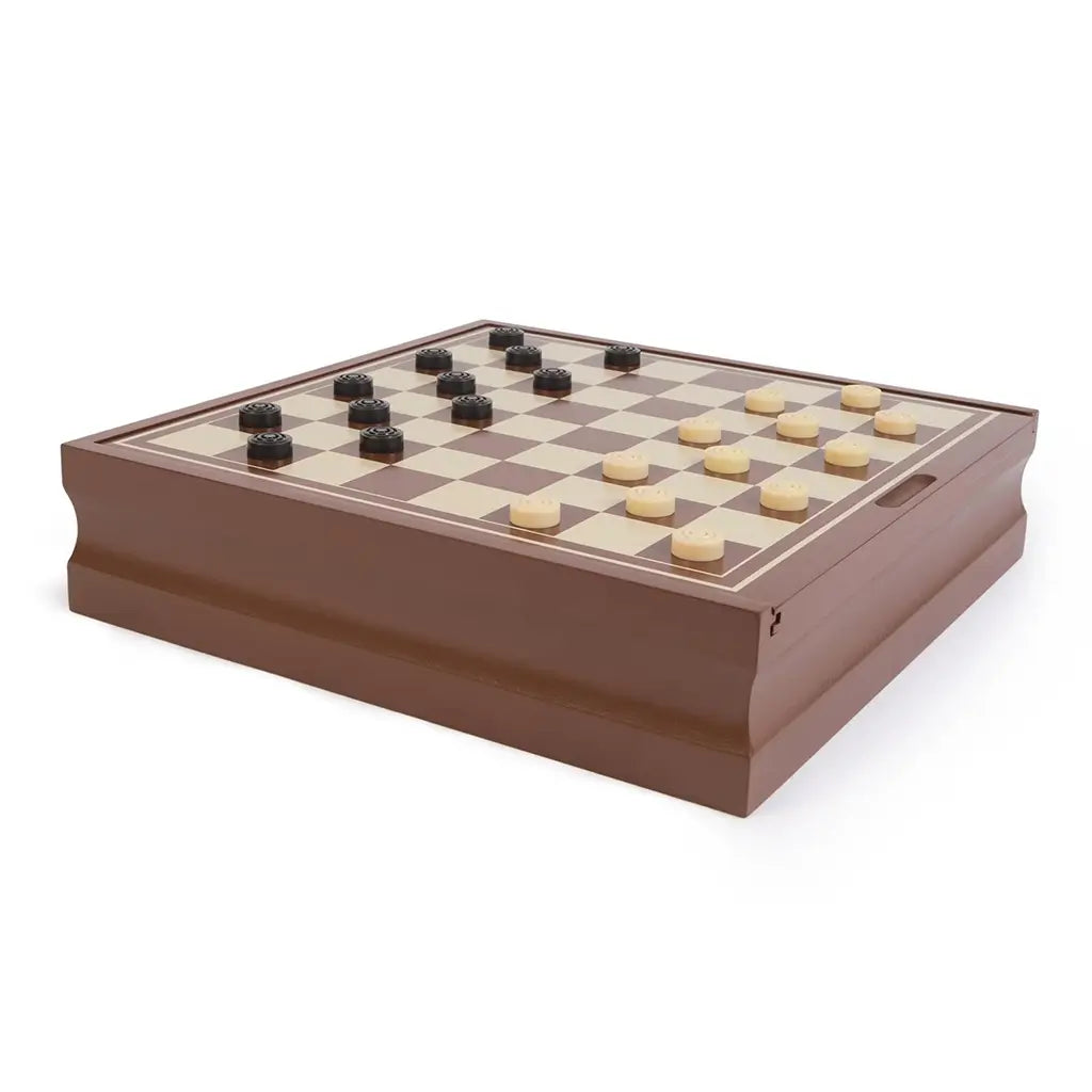 Cardinal Classics Checkers set displayed on a brown wooden storage case with cream and tan checkerboard pattern and stacked black and natural round pieces for traditional board gameplay.