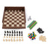Cardinal Classics Family 10-Game Set open wooden case with chessboard surface, black and ivory chess pieces, pick-up sticks, marbles, dice and round checkers neatly organized inside.