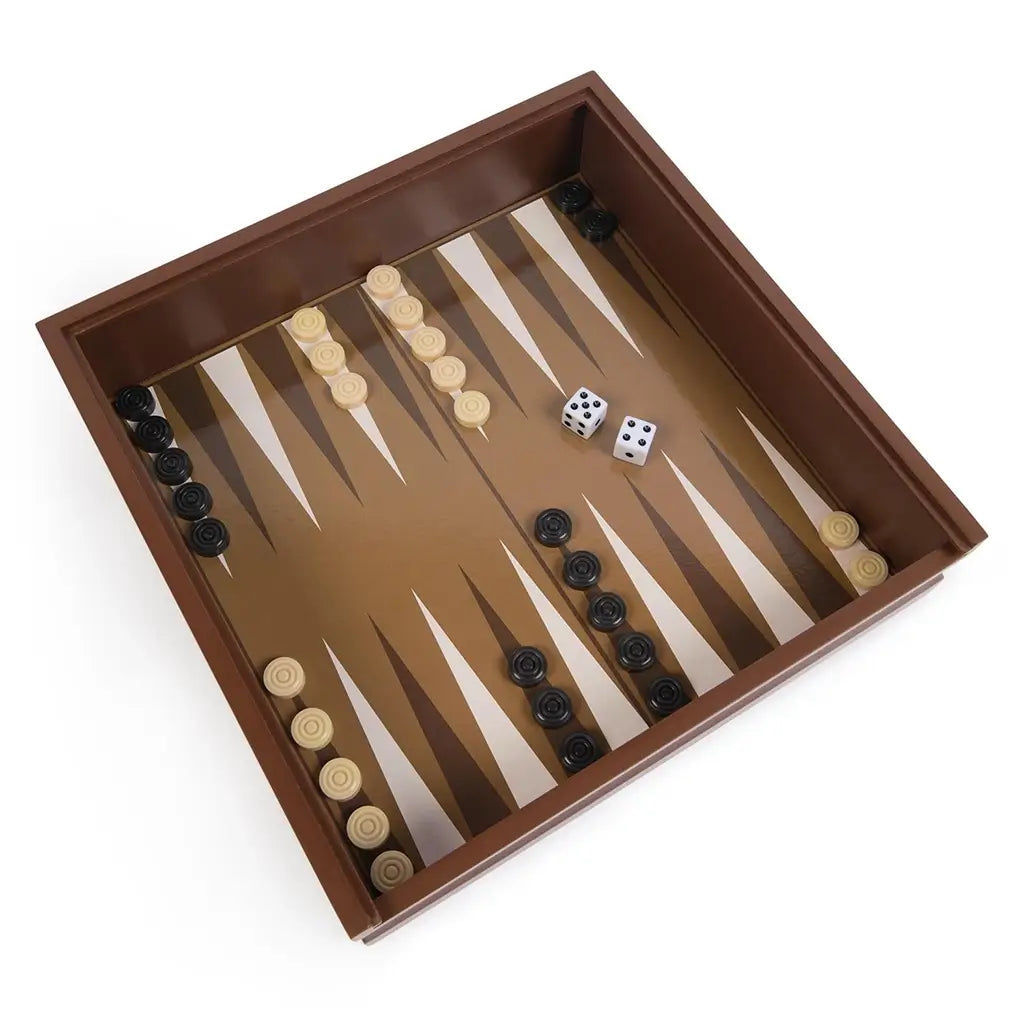 Cardinal Classics Backgammon board in dark brown wood with cream and tan triangular points, round black and ivory checkers, and white dice set inside a hinged storage case.