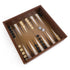 Cardinal Classics Backgammon board in dark brown wood with cream and tan triangular points, round black and ivory checkers, and white dice set inside a hinged storage case.