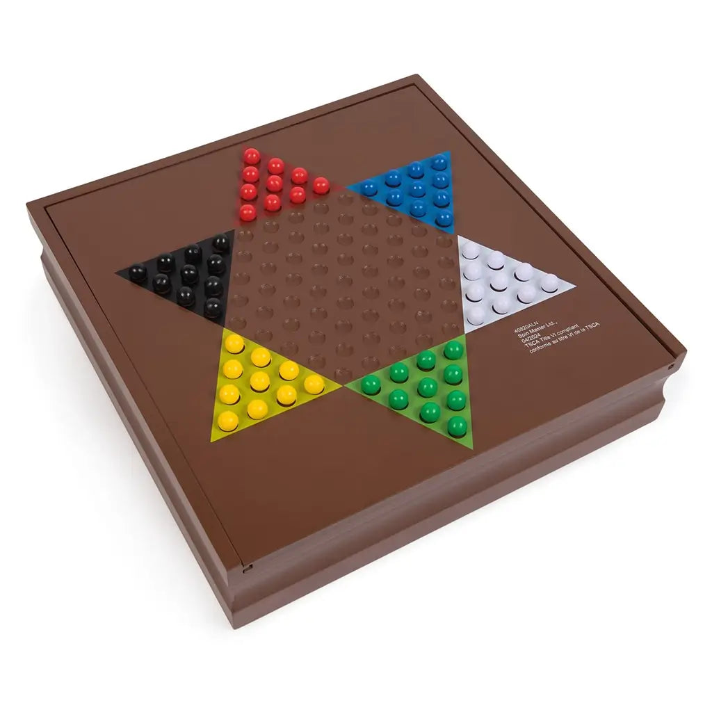 Cardinal Classics Chinese Checkers board in smooth brown wood with colorful red, blue, yellow, green, black and white marbles arranged in a star layout for multiplayer tabletop fun.
