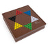 Cardinal Classics Chinese Checkers board in smooth brown wood with colorful red, blue, yellow, green, black and white marbles arranged in a star layout for multiplayer tabletop fun.
