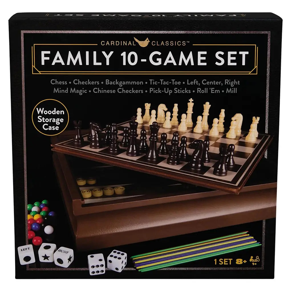 Cardinal Classics Family 10-Game Set retail box in black packaging featuring a wooden storage case, chessboard with black and ivory pieces, dice and colorful game accessories pictured on front.