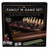 Cardinal Classics Family 10-Game Set retail box in black packaging featuring a wooden storage case, chessboard with black and ivory pieces, dice and colorful game accessories pictured on front.