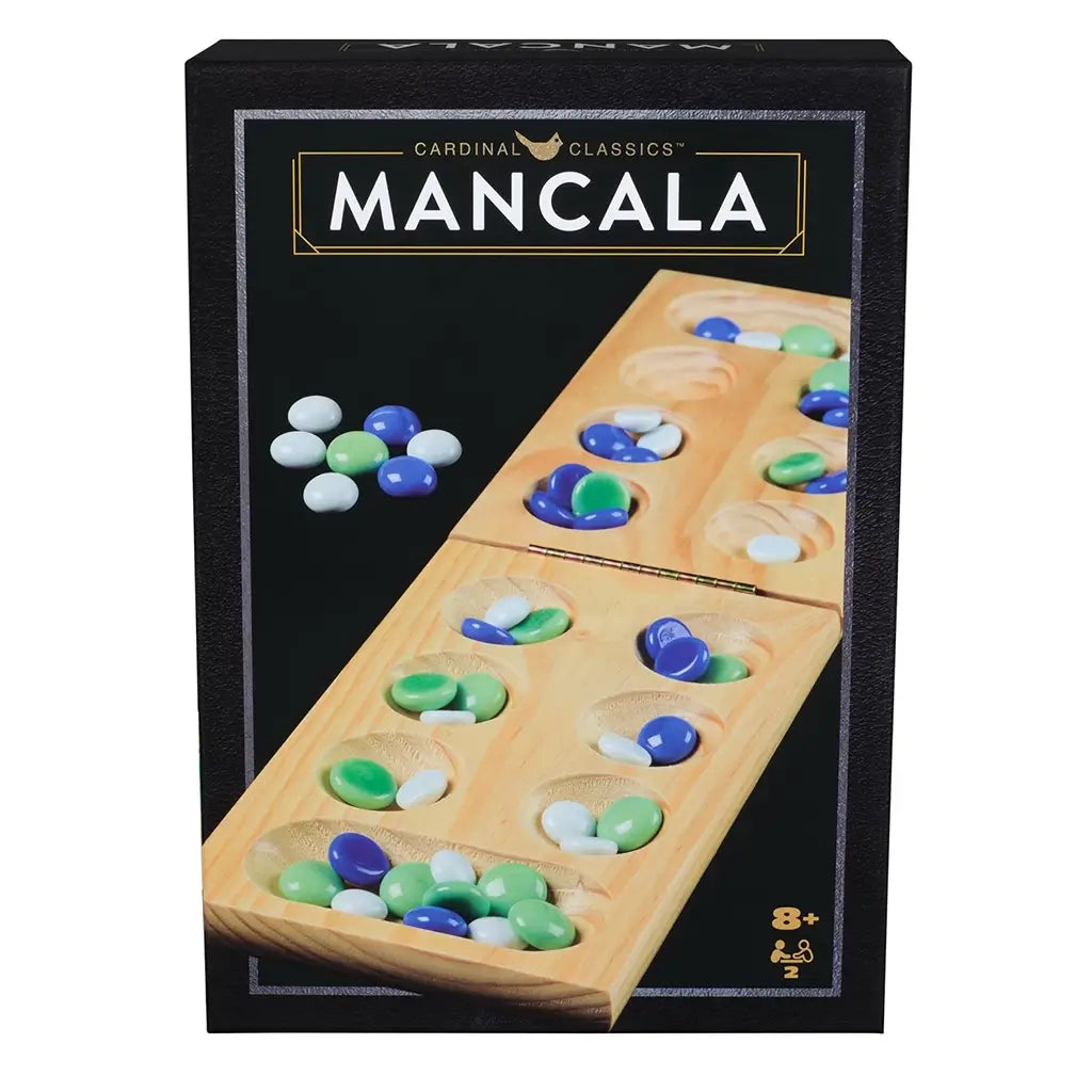 Front of the Cardinal Classics Mancala box showing a light wooden board with green, blue, and white glass stones, emphasizing the classic two-player strategy game for ages eight and up.