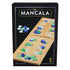 Front of the Cardinal Classics Mancala box showing a light wooden board with green, blue, and white glass stones, emphasizing the classic two-player strategy game for ages eight and up.