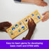 Overhead view of two people playing Mancala, showing hands moving green, blue, and white stones across the board, described as an easy-to-learn game promoting math and STEM skills.