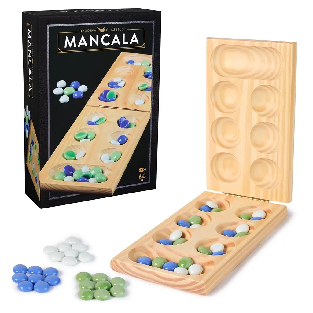 Cardinal Classics Mancala set with a foldable wooden board and glass stones in blue, green, and white beside the branded box, designed for two-player strategic gameplay.