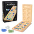 Cardinal Classics Mancala set with a foldable wooden board and glass stones in blue, green, and white beside the branded box, designed for two-player strategic gameplay.