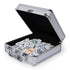 Cardinal Classics Mexican Train Dominoes set in a brushed silver aluminum case with chrome handle and latches, filled with white domino tiles featuring multicolor pips, shown open on a clean white surface.