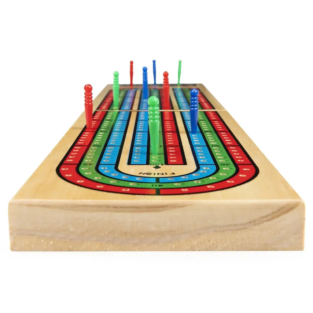 Side perspective of the solid wood Cribbage board with colorful scoring pegs inserted into numbered tracks, displaying durable craftsmanship and classic game layout.
